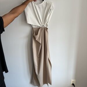 Vestique Asymmetrical White and Tan Dress